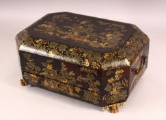 A GOOD CHINESE LAQUER DECORATED LIDDED SEWING BOX, decorated exterior with scenes of figures in