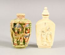 TWO CHINESE CARVED IVORY SNUFF BOTTLES, one painted, the other with signature, 7.5cm and 6cm (2).