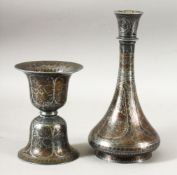 A 19TH CENTURY INDIAN BIDRI SPITOON, 14cm high, together with a bidri vase, 23cm high.