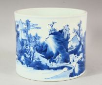 A KANGXI BLUE AND WHITE BRUSH POT, the sides with a continuous scene of trees, mountains and