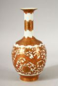 A VERY GOOD SMALL RED AND GILT BULBOUS VASE with continual dragon design, six character mark in