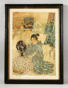 A JAPANESE WOODBLOCK PRINT, depicting a kneeling female figure applying her makeup, image 35cm x