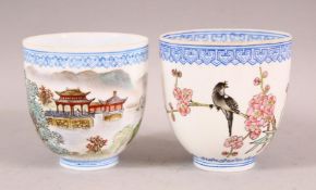 TWO CHINESE FAMILLE ROSE EGGSHELL PORCELAIN BEAKERS, one decorated with a landscape scene, the other
