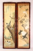 A LARGE PAIR OF HARDWOOD FRAMED CHINESE SCROLL PAINTINGS, each depicting scenes of birds amongst