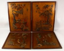 A SET OF FOUR CHINESE CHINOISSERIE PAINTED LACQUER PANELS, two 57cm x 42cm, the other two 42cm x