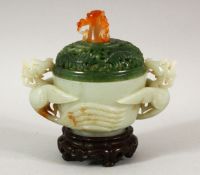 A VERY GOOD CHINESE TWO COLOUR JADE KORO AND COVER, finely carved with elephant and ring finial