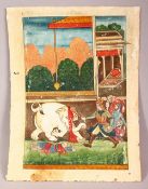 A 19TH CENTURY PERSIAN PAINTING OF RUSTAM KILLING THE WHITE ELEPHANT, the verso with manuscript,