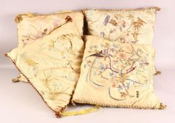 FOUR CHINESE EMBROIDERED CUSHIONS, each embroidered with birds and native flora, each approx. 45cm