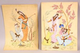 TWO EARLY 20TH CENTURY PERSIAN PAINTINGS, depicting females playing musical instruments/dancing with