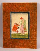 A 19TH CENTURY INDO PERSIAN MINIATURE PAINTING OF TWO MEN, unframed, 30.5cm x 23cm.