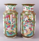 A PAIR OF 19TH CENTURY CHINESE CANTON FAMILLE ROSE PORCELAIN LANTERN VASES / LAMPS, each with panels