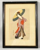 A JAPANESE WOODBLOCK PRINT depicting standing female figure holding a parasol, image 30cm x 20cm.