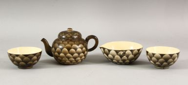 AN UNUSAL JAPANESE SATSUMA PORCELAIN TEA SET, with fish scale pattern, comprising a teapot and