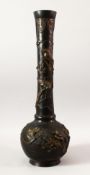 A TALL JAPANESE BRONZE VASE, the neck and body with relief decoration of birds on branches with