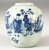 A CHINESE BLUE AND WHITE GINGER JAR, decorated with a sage and other figures in a landscape setting,