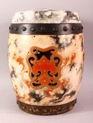 A RARE AND UNUSUAL CHINESE PORCELAIN BARREL SEAT, painted with marbled ground, the sides incised and