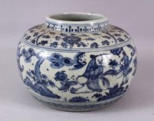 A CHINESE MING STYLE BLUE & WHITE PORCELAIN POT, decorated with scenes of figure in landscapes