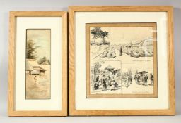 H.J. JOHNSON RI; AN INK SKETCH MONTAGE with depictions of Japanese scenes, pencil signed, image 28cm