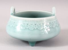 A GOOD SMALL CHINESE TURQUOISE GLAZED PORCELAIN CENSER, with twin handles and supported on three