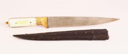 A GOOD INDIAN WATERED STEEL CARVED IVORY DAGGER & SHEATH - the handle formed from ivory with metal