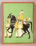 A FINE LARGE 19TH/20TH CENTURY INDIAN MINIATURE PAINTING depicting a ruler on horseback with