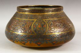 A GOOD LARGE DAMASCUS CAIROWARE SILVER INLAID BRASS BOWL, the body with a broad band of calligraphy,