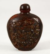 A CHINESE HORN SNUFF BOTTLE AND STOPPER, carved with two panels with a sage, deer and bats, 7.5cm.