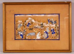 AN EARLY 20TH CENTURY PERSIAN PAINTING depicting figures and livestock, signed 'imami', framed and