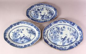 3 X 18TH CENTURY CHINESE BLUE & WHITE PORCELAIN MEAT DISHES - each dish decorated with scenes of