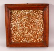 A LARGE 16TH CENTURY HISPANO - MORESQUE COPPER LUSTRE POTTERY TILE SECTION - the framed large tile