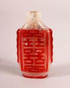 A CHINESE OVERLAY FROSTED GLASS SNUFF BOTTLE - overlaid in red with calligraphy, 6.5cm