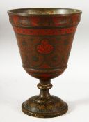 A LARGE 19TH CENTURY INDIAN / KASHMIR BRONZE TEMPLE CUP, with chased decoration and areas painted or