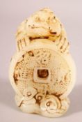 A CHINESE CARVED JADE TOAD & CURRENCY FIGURE, the toad stood holding a coin, 10cm high