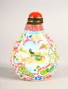 A CHINESE ENAMEL SNUFF BOTTLE and hardstone stopper, painted with panels of birds, 8cm high.