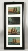 A SET OF FOUR CHINESE PAINTINGS, each depicting junks in full sail, framed as one, each image 9cm
