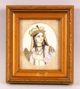 A 19TH CENTURY INDIAN IVORY SLITHER PAINTING OF A FEMALE - the female with head dress and gowns,