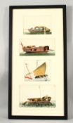 FOUR CHINESE PITH PAINTINGS, each depicting different styles of boats, framed as one, largest