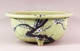 A LARGE CHINESE CELADON PORCELAIN PLANT POT - decorated with a celadon ground with slightly raised