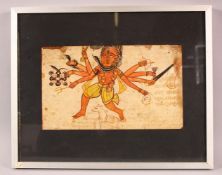 A 19TH CENTURY INDIAN PAINTING ON PAPER OF KALI, framed and glazed, 31cm x 25.5cm overall.