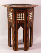 A SMALL MOORISH INLAID HEXAGONAL TOP TABLE - the table inlaid with mother of pearl ( with losses )