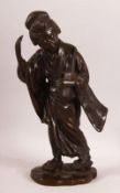 A GOOD JAPANESE MEIJI BRONZE FIGURE OF A GEISHA holding a musical instrument, seal mark to base,