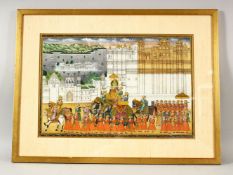 A GOOD INDIAN SCHOOL MINIATURE PAINTING depicting a colourful procession, image 26cm x 38cm.