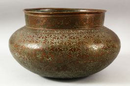 A LARGE 19TH CENTURY INDO PERSIAN TINNED COPPER BOWL, with engraved and chased decoration, 34cm