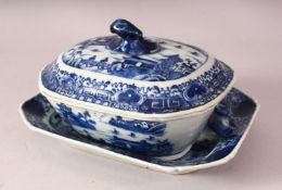 AN 18TH CENTURY CHINESE BLUE & WHITE PORCELAIN TUREEN, COVER & STAND, decorated with native