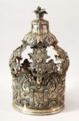 A GOOD JEWISH SILVER TORAH CROWN, with embossed decoration of hanging flora with six curving