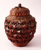 A JAPANESE MEIJI PERIOD WOVEN BAMBOO POT & COVER - for incense, with a porcelain liner, 19cm x 15cm