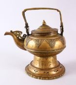 A CHINESE TIBETAN BRASS KETTLE & COVER, of tapered form with panel foliage motif, 26cm high x 24cm