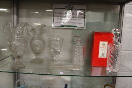 A pair of large cut glass jugs (base chipped) together with other glass ware to include a boxed