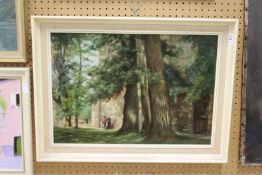 Women Standing by a Cathedral Wall oil on board.
