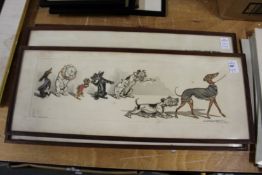 Three amusing dog caricature prints, pencil signed.